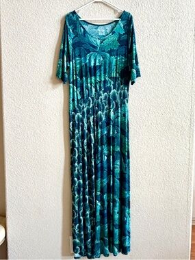 SOFT SURROUNDINGS SIZE L SANTIAGO SHORT SLEEVE MAXI DRESS TEAL GREEN PLANT LADY